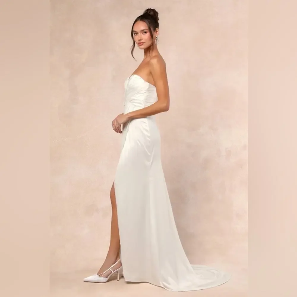 Lulu's Heide White Satin Strapless Maxi Dress size L (runs small) M